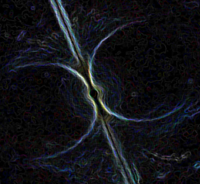 Een indruk van de magnetosfeer die een pulsar omringd. De pulsar zelf is onzichtbaar in het middel aanwezig.